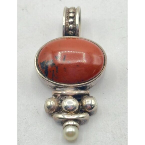 Sterling Silver Jasper & Pearl Pendant 925 - Picture 1 of 4